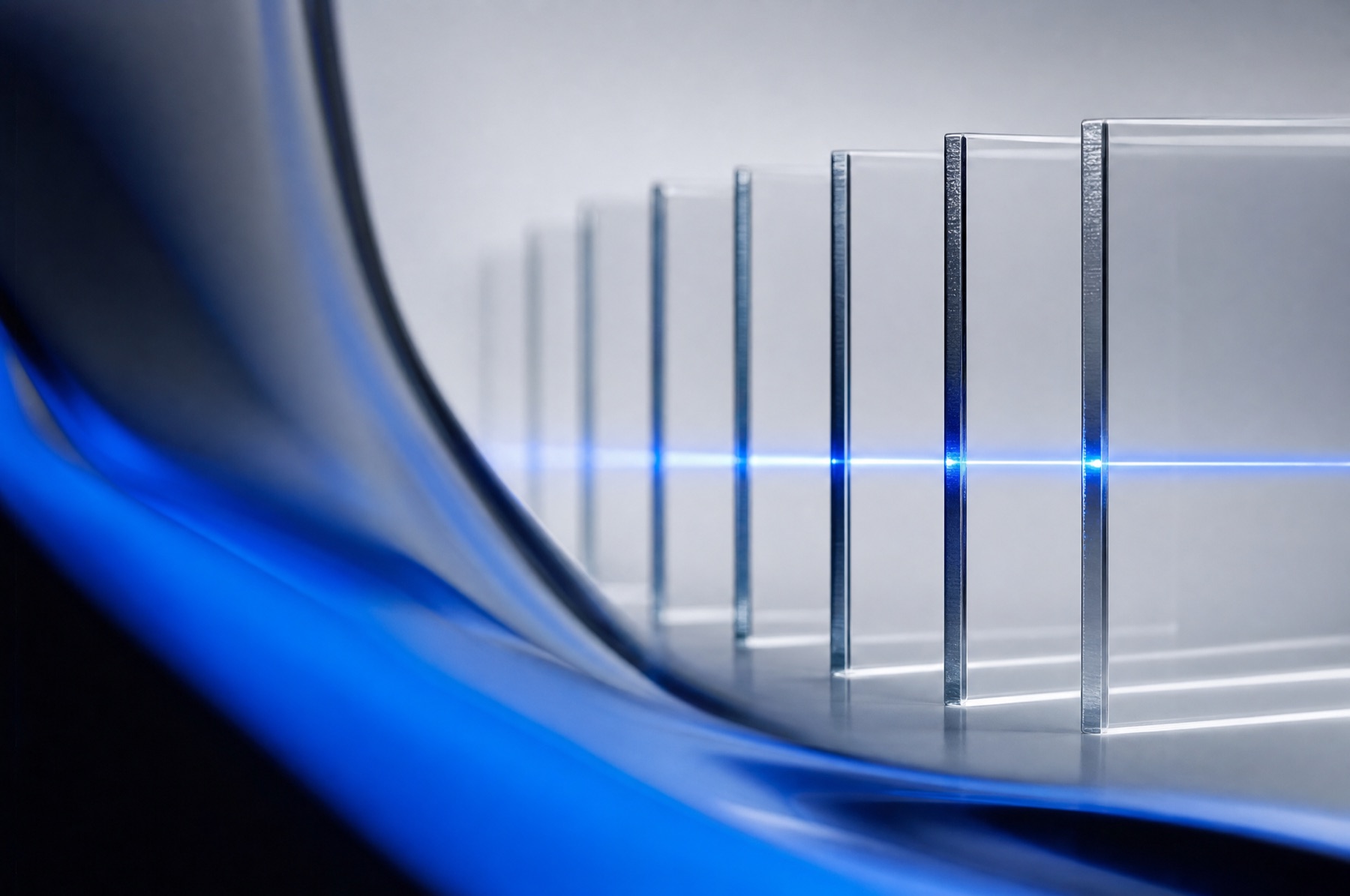 Eine feine blaue Lichtlinie läuft ausgerichtet durch eine Reihe klarer Glasscheiben als Sinnbild für eine Regel, die überall gleich greift.