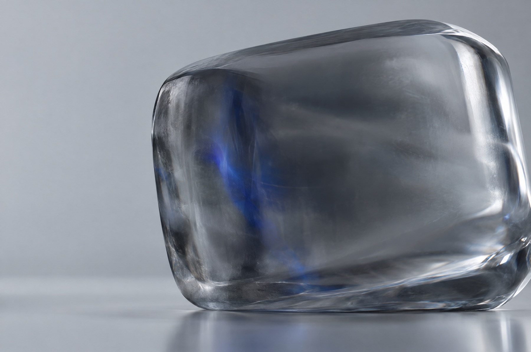 Ein massiver, trüber grauer Glasblock mit nur einer schwachen blauen Spur im Inneren als Sinnbild für ein überlanges Handbuch, das niemand öffnet.