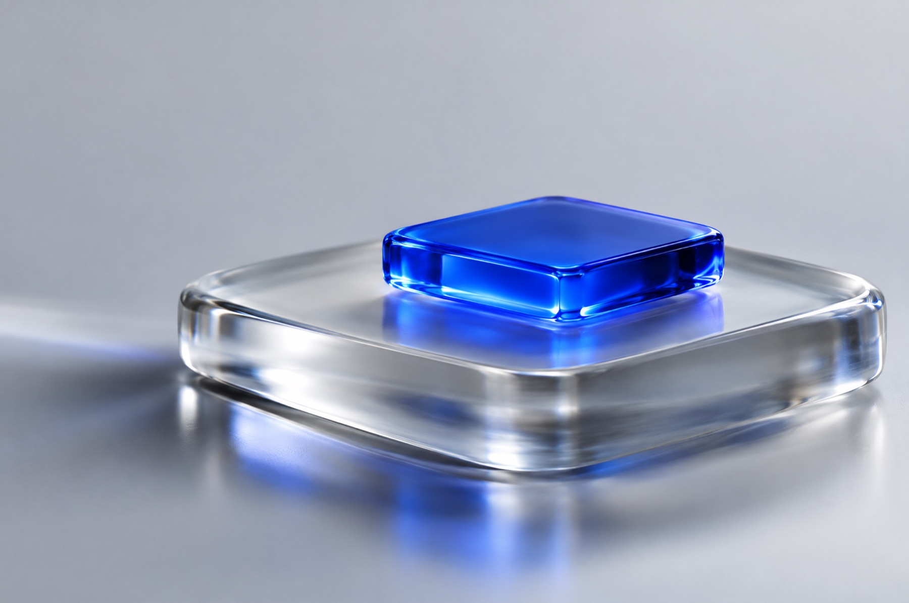 Eine kleine leuchtend blaue Glasfläche liegt auf einer breiteren klaren Glasplatte als Sinnbild für eine kurze Kernseite über einem ausführlichen Nachschlageteil.