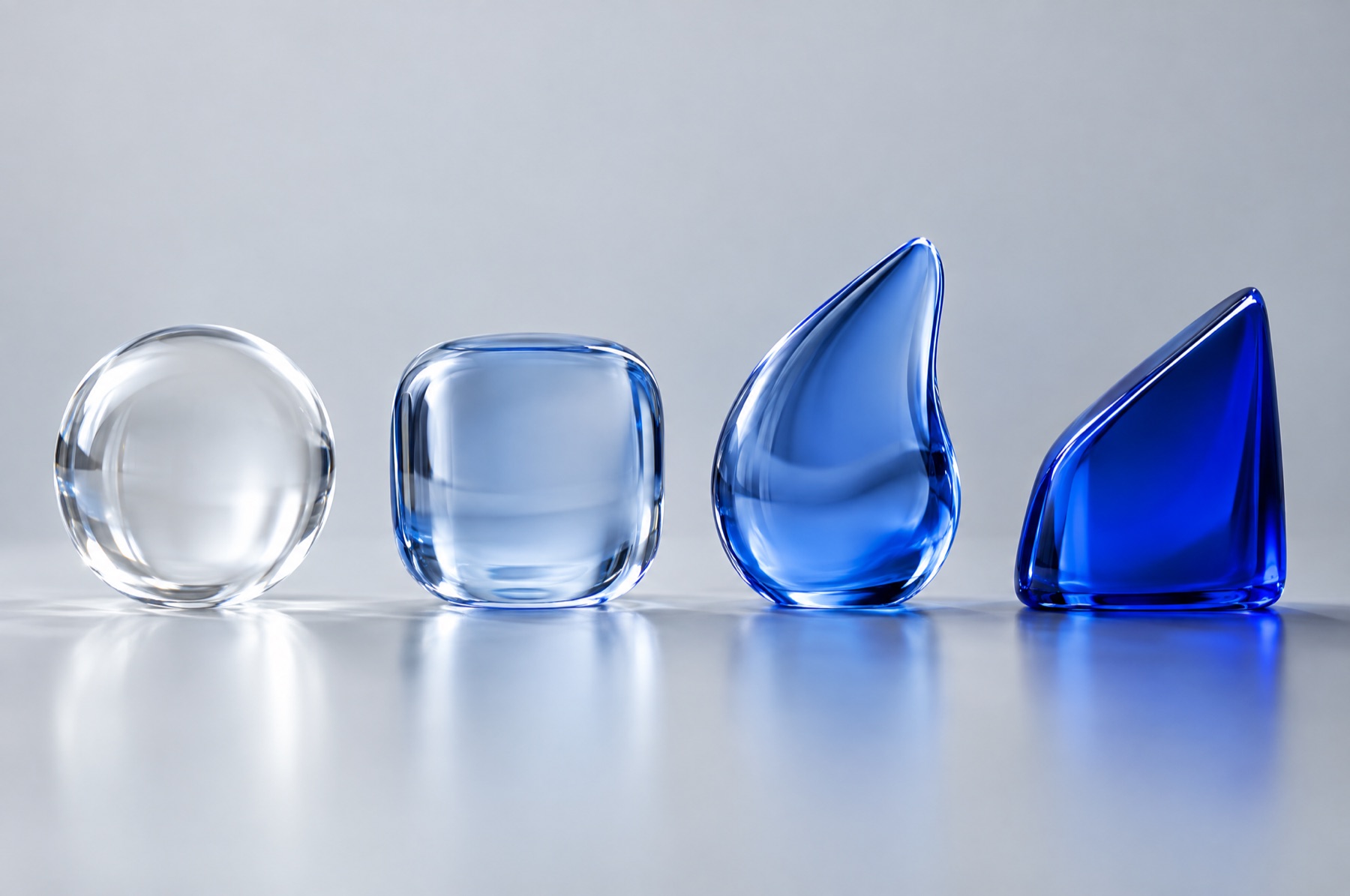 Vier unterschiedlich geformte Glaskörper in einer Reihe, von klar bis tiefblau, als Sinnbild für die vier Bausteine eines Brand Voice Prompts.