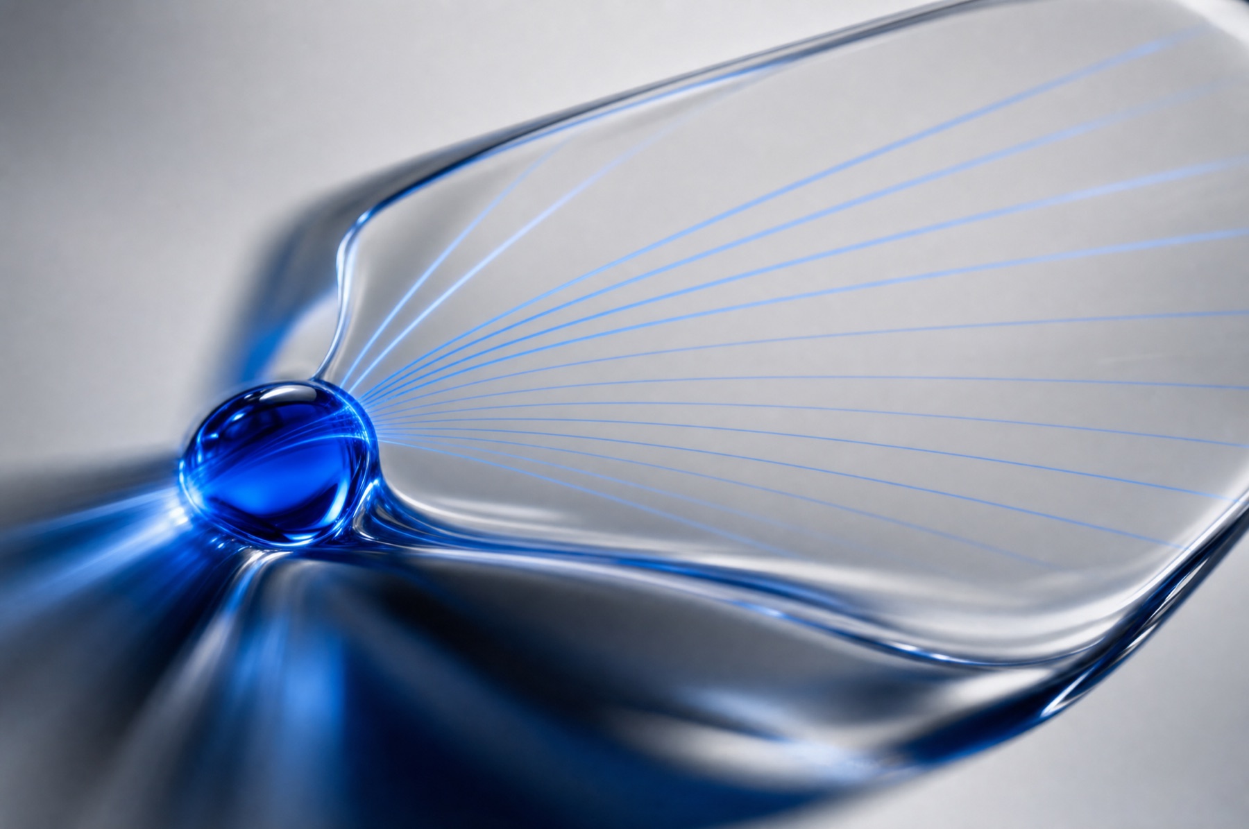 Von einer blauen Glasform an der Quelle fächern sich feine blaue Lichtlinien gleichmäßig durch eine Glasebene als Sinnbild für eine Regel, die an der Quelle gesetzt wird.