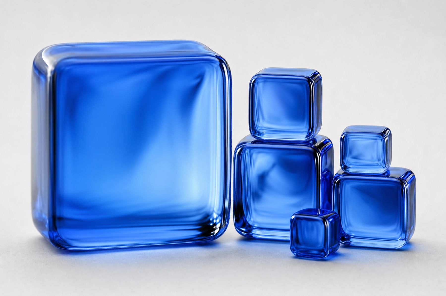 Sechs blaue Glasblöcke unterschiedlicher Größe sind ausgewogen zu einer Form zusammengesetzt als Sinnbild für die Bausteine einer Markenstrategie.