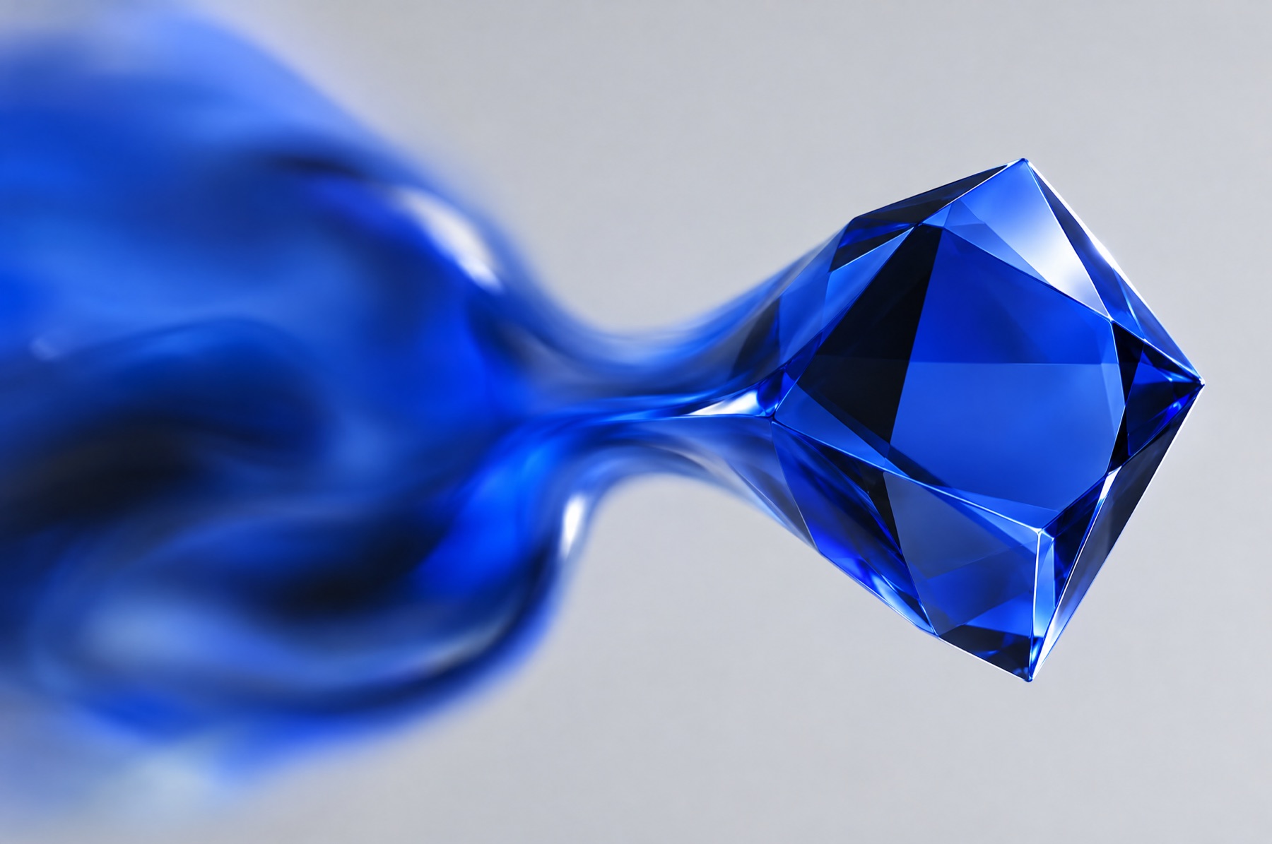Eine unscharfe blaue Flüssigkeitsform verdichtet sich zu einem präzise geschliffenen blauen Glaskörper als Sinnbild für den Weg vom vagen Adjektiv zur klaren Markenvorgabe.